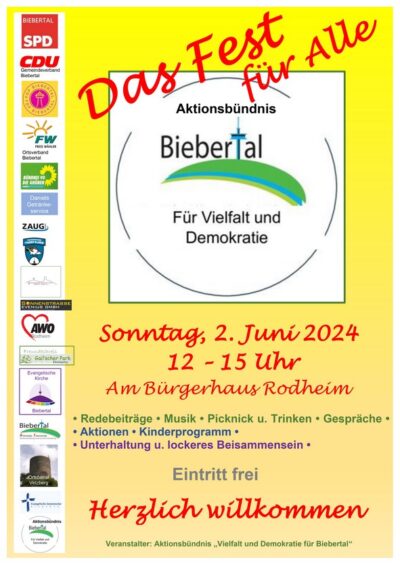 Einladung zum Fest für alle am 02. Juni 2024 von 12 bis 15 Uhr am oder im Bürgerhaus Rodheim